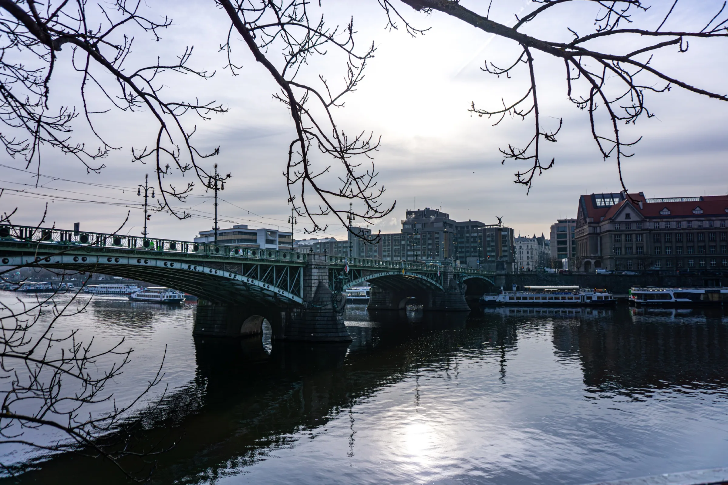 Een brug over de rivier met kale takken op de voorgrond, in tegenlicht