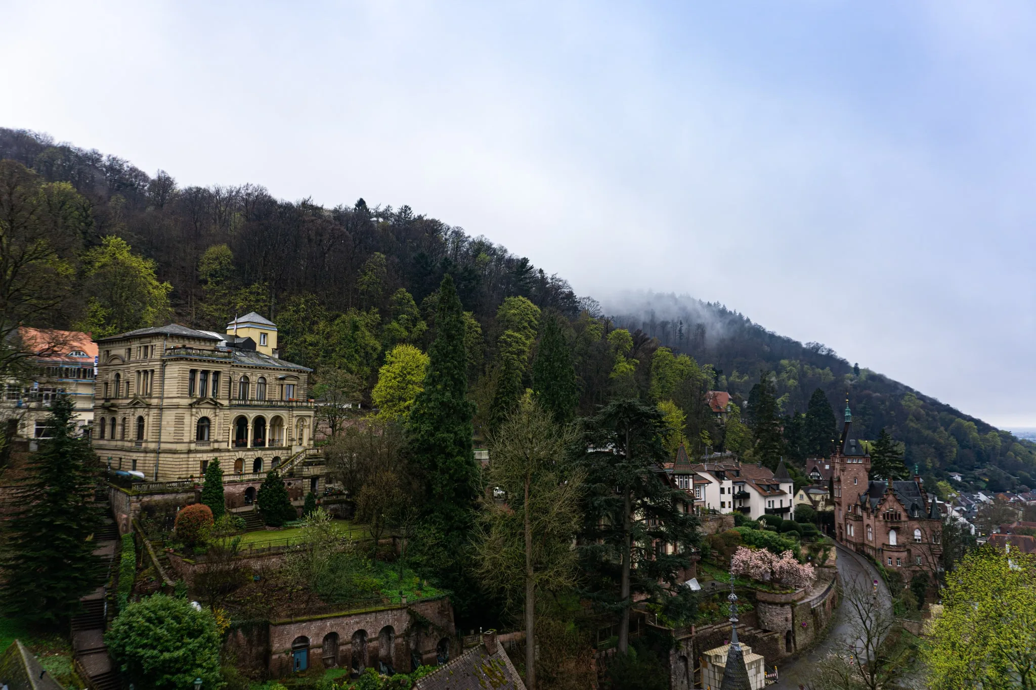 Een villa tussen beboste heuvels met mist